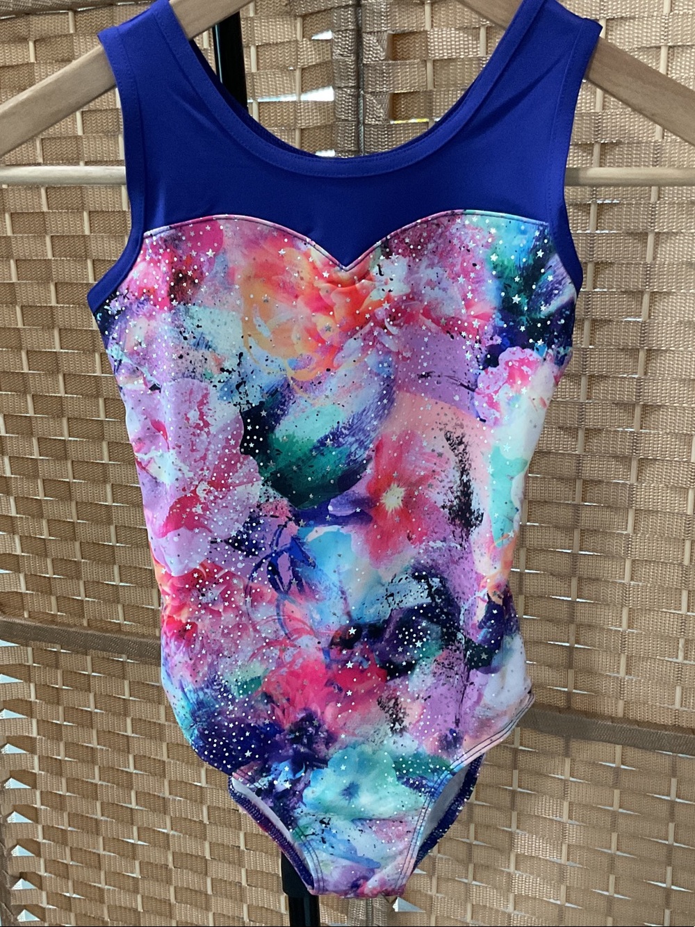 Girls' Galaxy Print Dance Leotard with Royal Blue Yoke - Small